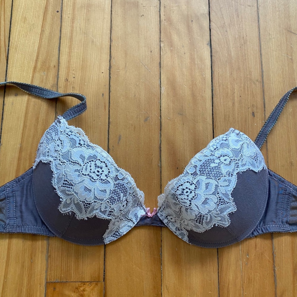 Blush Lingerie Charcoal Gray White Lace Push Up Bra 34B Floral Mesh Underwire